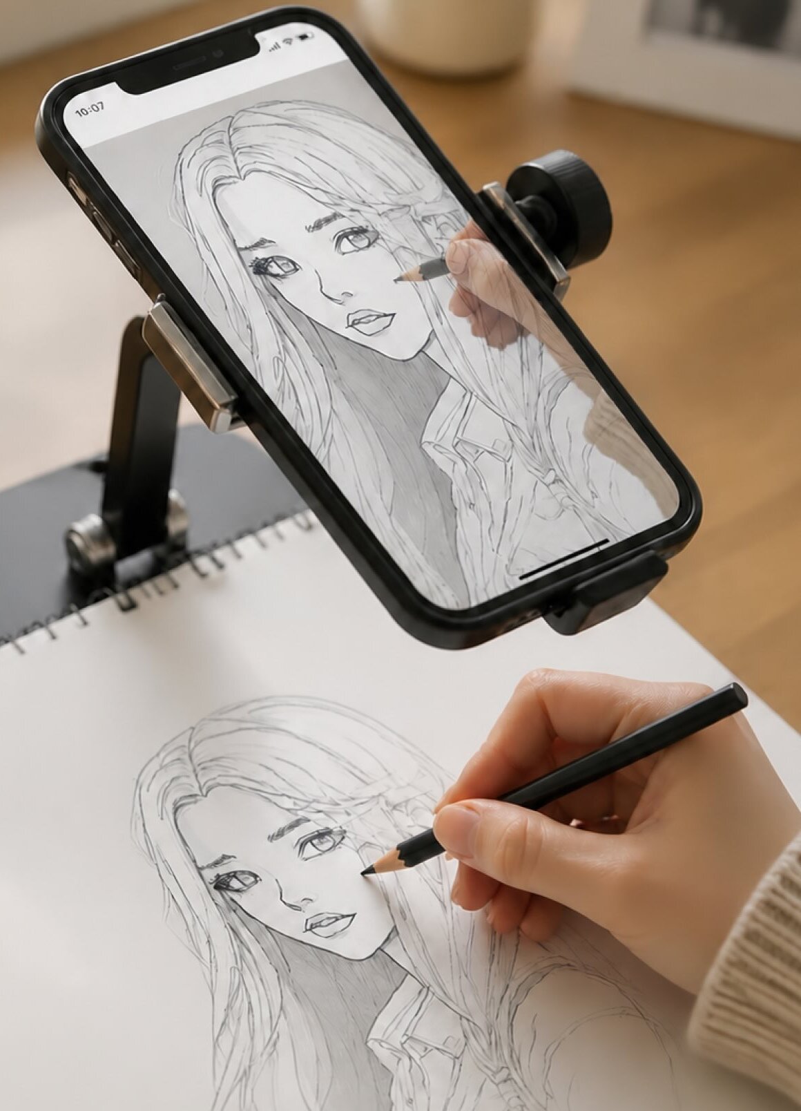 Phone on a stand above a sketchbook showing a portrait through the AR Draw app while a hand traces it with a pencil