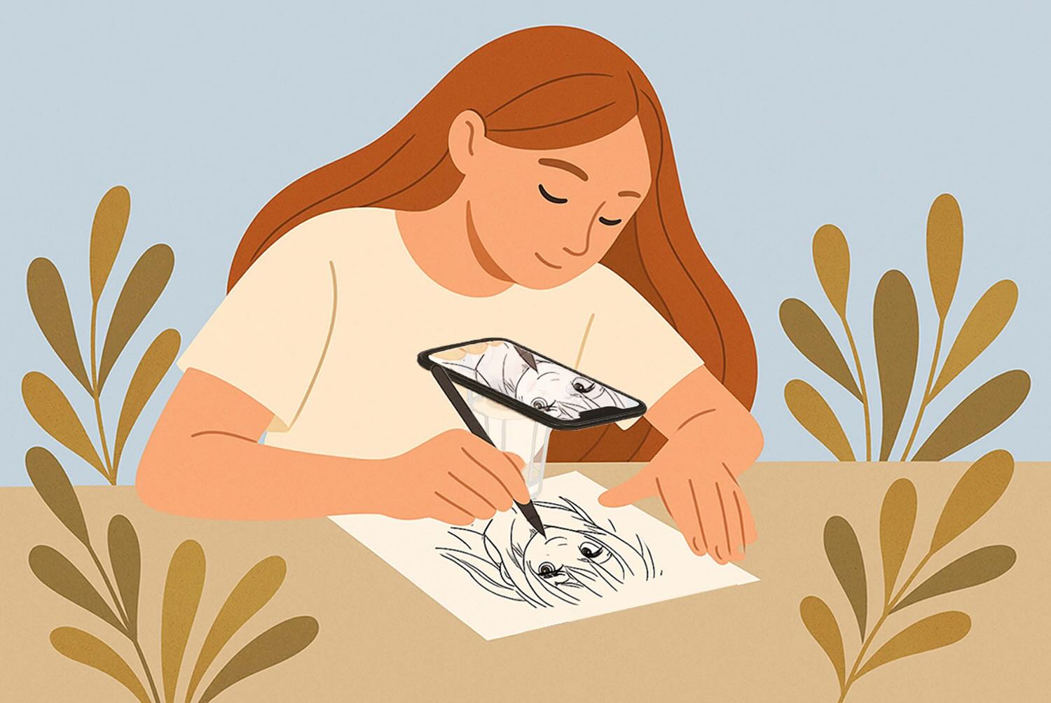 Illustration of a girl tracing a drawing on paper while holding her phone above it with the AR Draw app