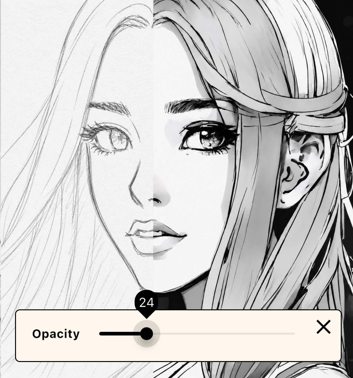 AR Draw app screen showing a pencil sketch on paper next to the reference image laid over it with an opacity slider
